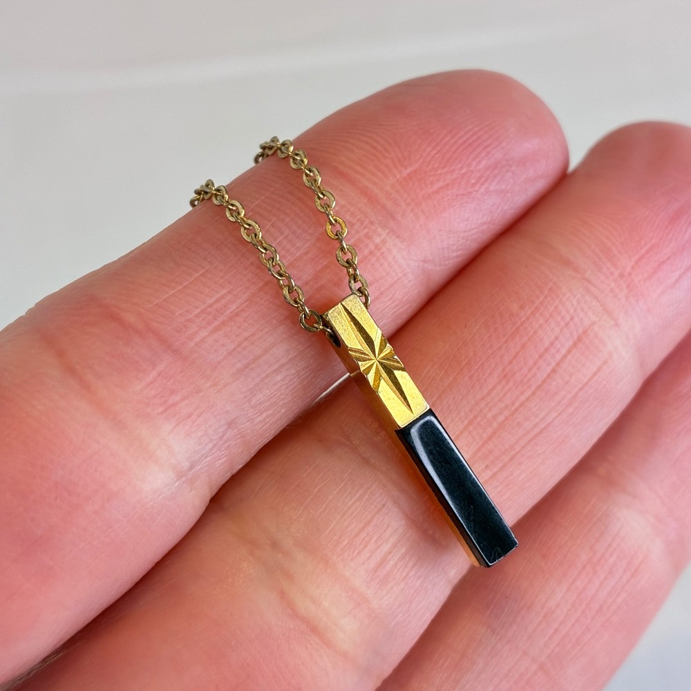 Vintage Gold Tone Necklace Black Bar Starburst Etched Pendant Mid Century Dainty